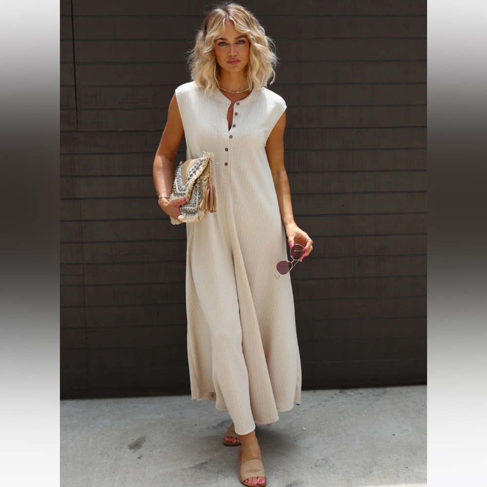 Cream Knitted Pocketed Jumpsuit